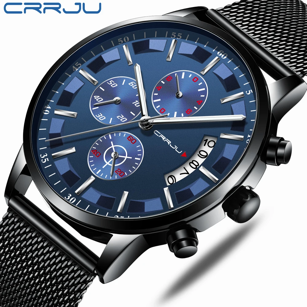 

CRRJU Luxury Brand 2019 New Men's Casual Sports Slim Watch Chronograph Date Full Steel Mesh Wristwatches Blue Dial relojes hombr