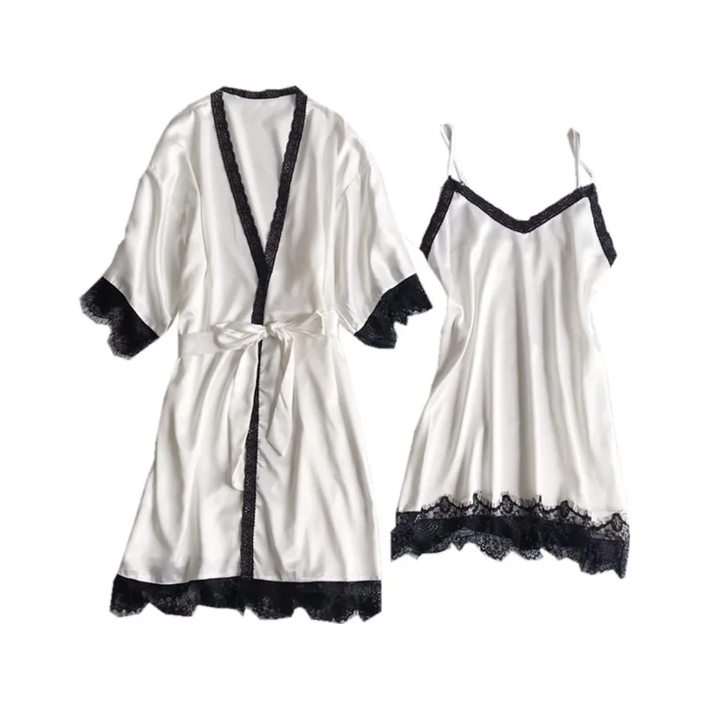 

Women Pink Robe Suit Satin Kimono Gown Silky Bride Bridesmaid Wedding Robe Set Sexy Lace Sleep Set Female Nighty&Robe Set