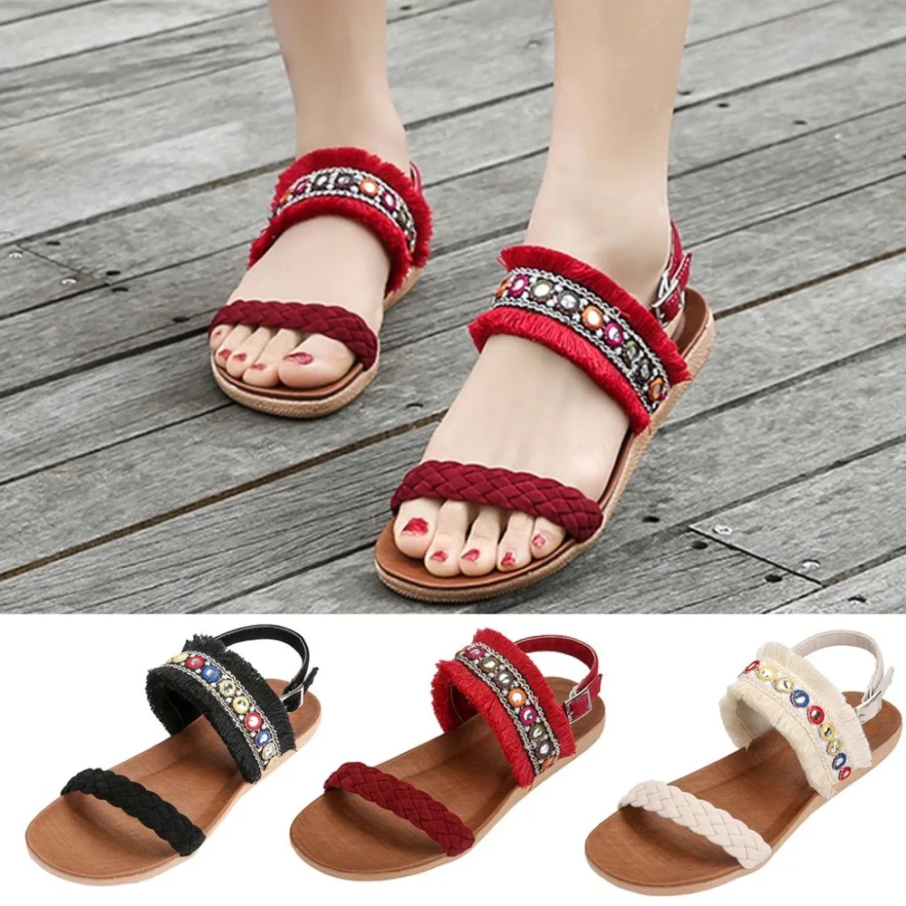 Красивая женская обувь Женская пляжная в богемном стиле с бахромой и плетеным