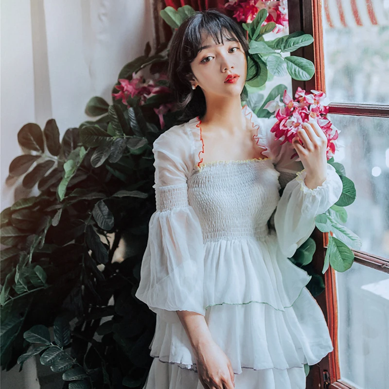 Женское кружевное Сетчатое платье YAMDI однотонное белое ТРАПЕЦИЕВИДНОЕ миди с