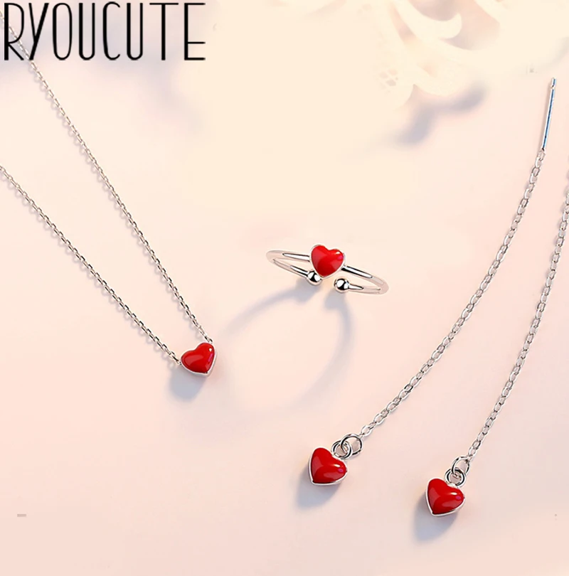 Модный свадебный ювелирный комплект Серебряного цвета красное сердце колье