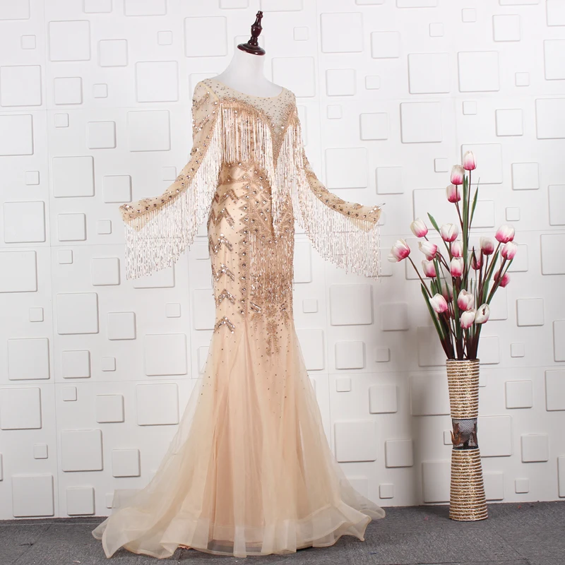

Women's Long Sleeve Mermaid Tulle Prom Dresses Beaded Luxury Tassels Elegant Sweep Train Round Neck Evening Party Dresses