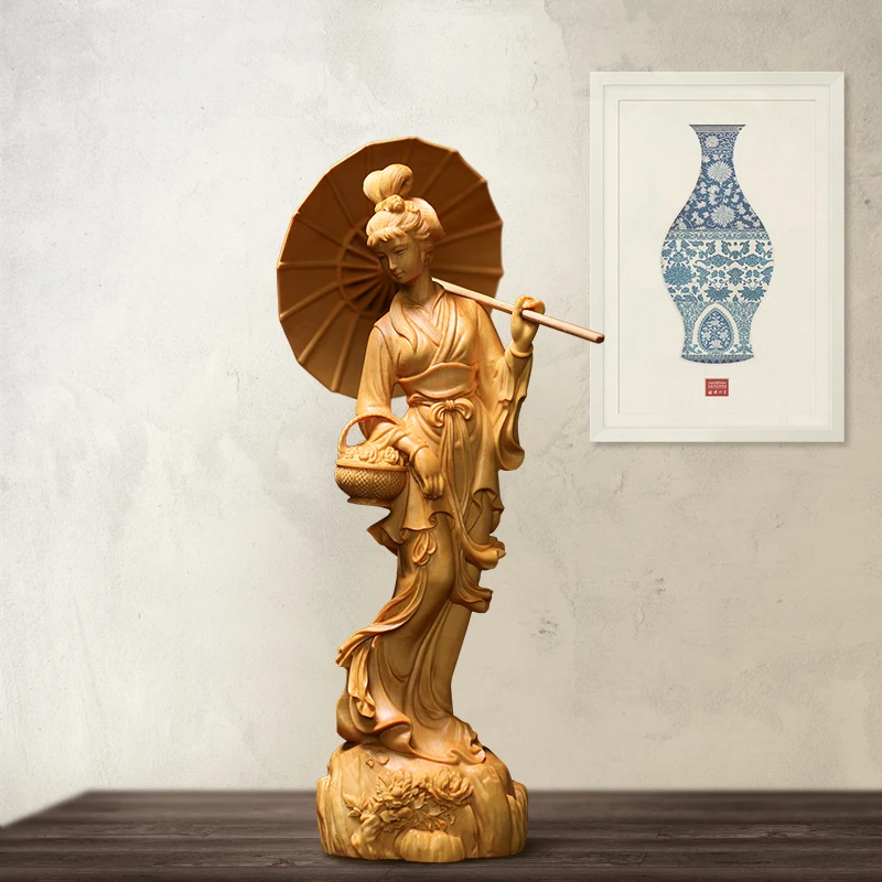 

Chinese Classical Cheongsam Beauty Sculpture Folk Hand Carving Statue Wall Home Decor Lucky Decoration Accessories