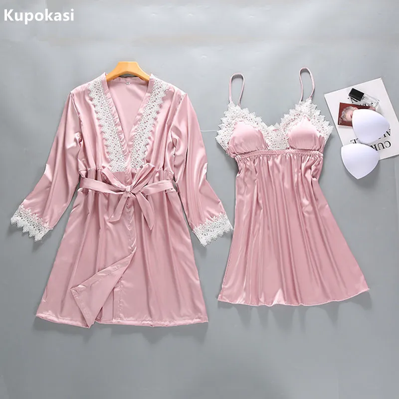 

Kupokasi 2Pcs Robe Gown Sets Women's Sleepwear Women Sexy Lace Bathrobe + Mini Night Dress Nightie Set Summer Lingerie