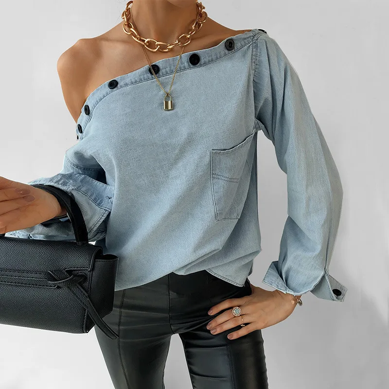

Creative Button Design Women Off Shoulder Blouse Casual Print Shirt Sleeve Slim Tops Lady Pullover Skew Collar Shirt Streetwear