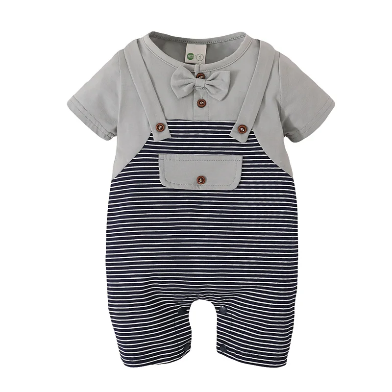 

Baby Boys fashion Striped Romper with Bow Tie, Short Sleeve O-neck Jumpsuit with Buttons for Summer