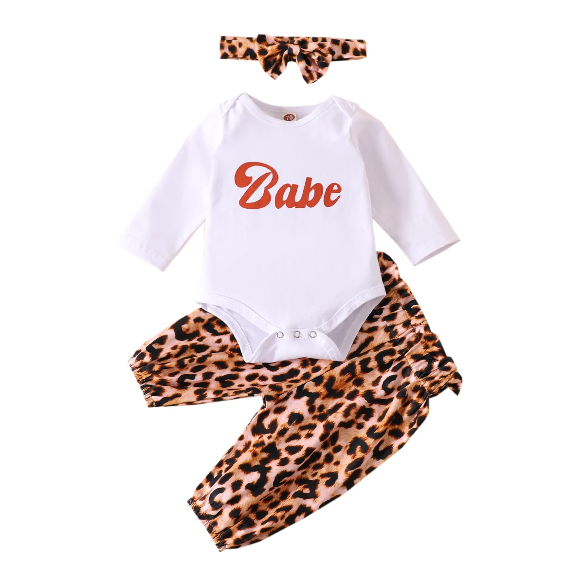 

0-24M Newborn Baby Boy Girl Long Sleeve Cotton Bodysuit Tops Leopard Long Pant Headband 3PCS Baby Clothing Set