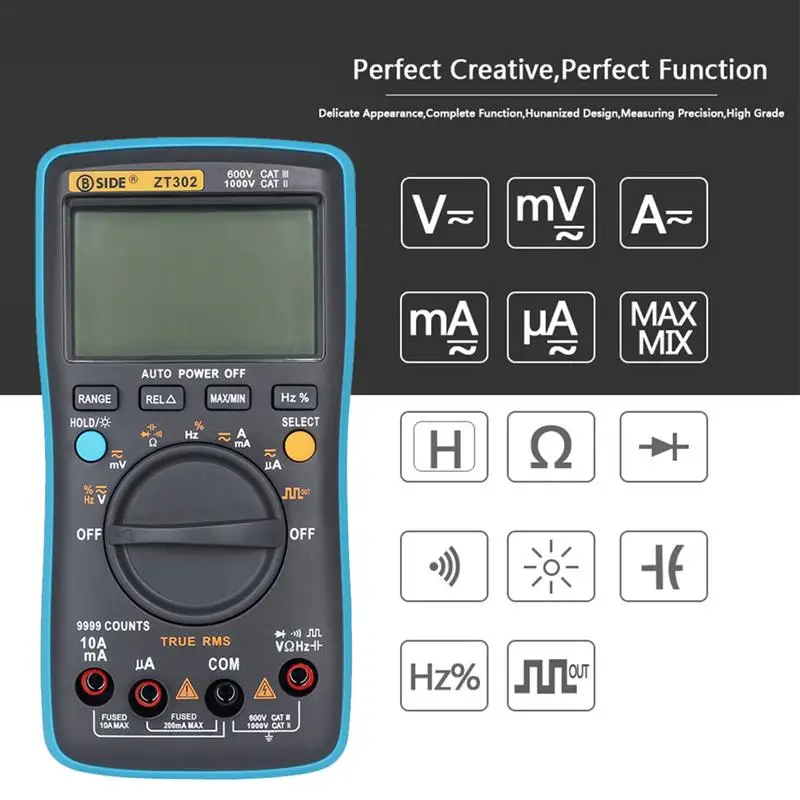 

BSIDE Digital Multimeter 9999 Counts True RMS AC/DC Voltage ZT302 Digital LCD ABS Multimeter Temperature Capacitance Tester