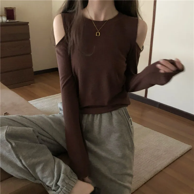 

New O-neck Long Sleeve Solid T-shirts Spring Autumn Fashion Brand Slim Tee Women's Clothing Ins Hipster Off Shoulder Ladies Tops