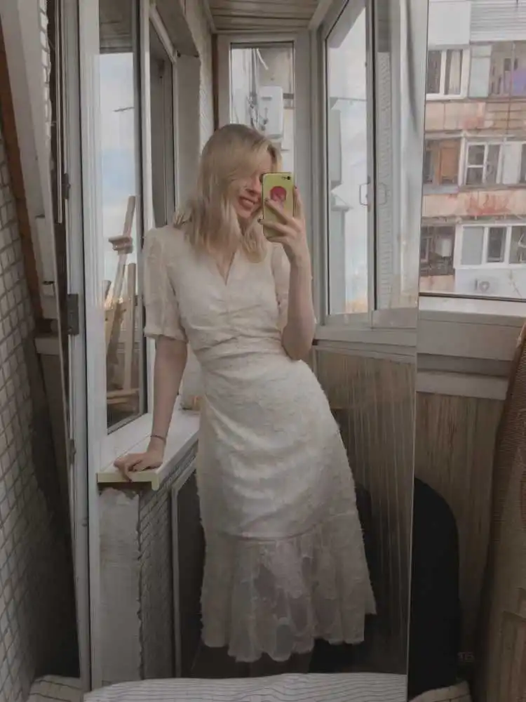 

Alien Kitty Stylish V-Neck Elegant Waist-Controlled Slimming 2021 Early Spring Plus Slender Ruffles Short-Sleeved Long Dress