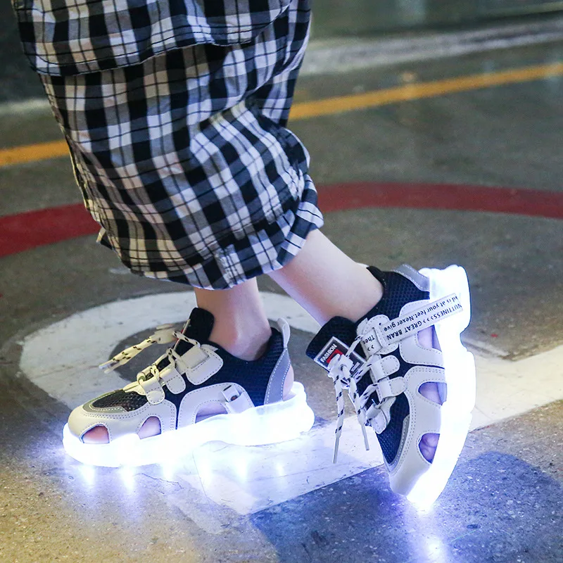 

LED Children's Casual Sandals Kids Shoes for Girls Glowing Shoes USB Charged Baby Boy Luminous Sandals Lace Up Sports Sandals