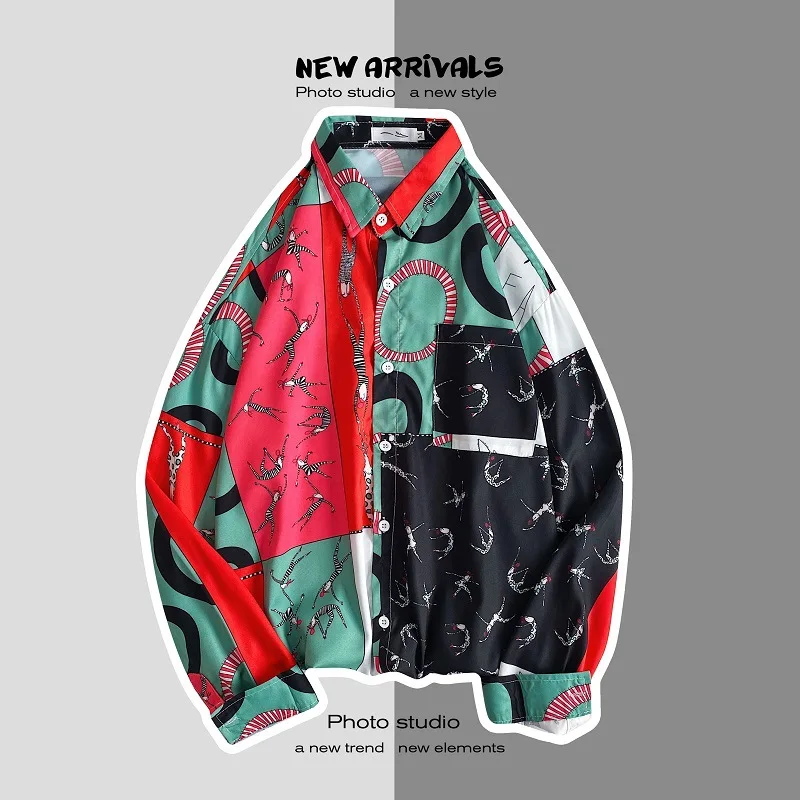 

QIWN Men Shirts Style Spring Summer Shirt Retro Japanese Long Sleeved Floral Shirt Beach Clothing Fashion Youth Shirt