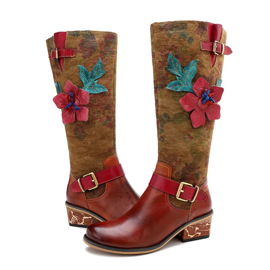 Женские этнические сапоги из натуральной кожи на высоком каблуке обувь в