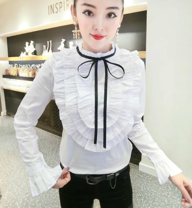 2021 Spring Long Seeve Ruffles Cotton Shirts Women Office Work Layers red Sweet Blouse Tops | Женская одежда