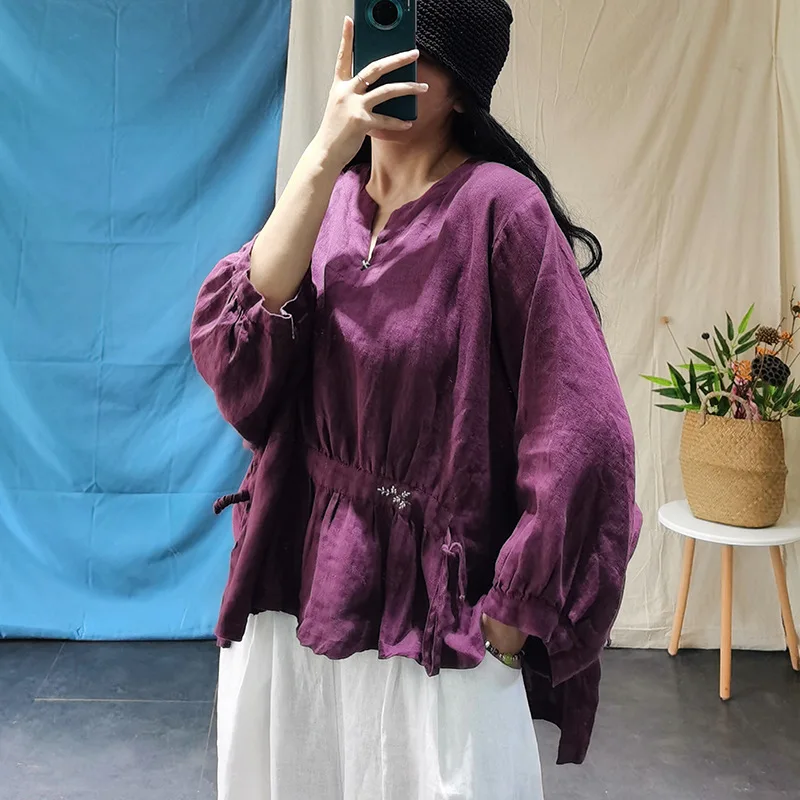 

Loose Solid Color Flax Shirt Tops Female 2021 Shirts Women Autumn Linen Embroidered Bat Sleeve Blouse Ladies