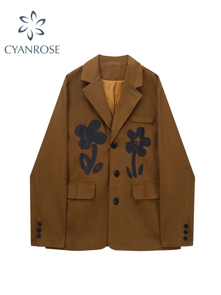 Женский винтажный Блейзер кофейного цвета с принтом Офисная модная Свободная