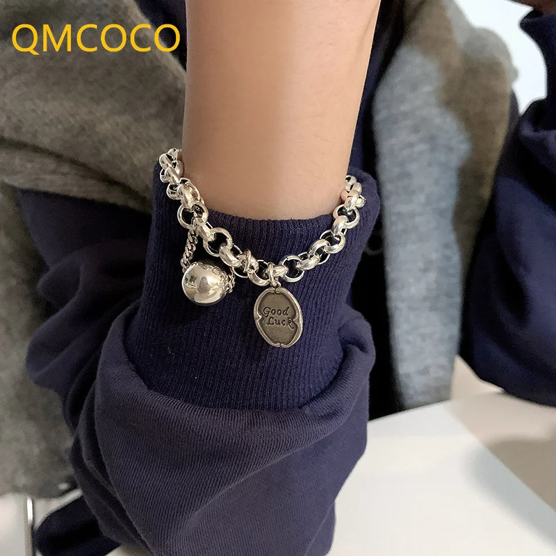 QMCOCO Silver Color Bracelet Trendy Rock Punk Vintage Creative English Good Luck Thick Chain Tassel Beads Party Fine Jewelry