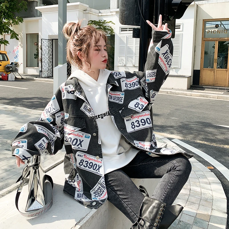 

Unua amo Hip-hop Denim Jacket For Women Vintage Loose Basic Denim Coat 2021 Streetwear Fashion Print Black Jean Jacket YY011A