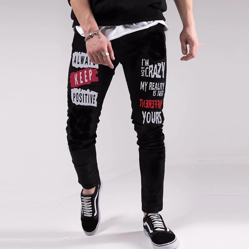 Men Black Washed Jeans 2021 New Fashion Personality Biker Slim Denim Pants Retro Trousers Skull Printed Design Street Jeans