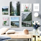 Настенный постер в скандинавском стиле, настенный художественный декор с изображением гор, озер, цветов, зеленых растений, свежая картина, современное художественное украшение для дома