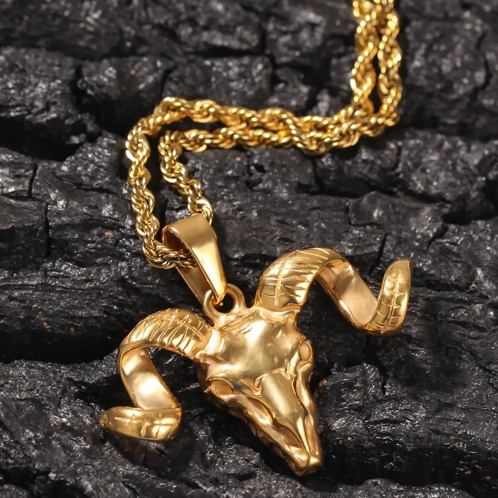 Винтажное ожерелье в стиле хип-хоп с подвеской виде головы овцы позолоченное