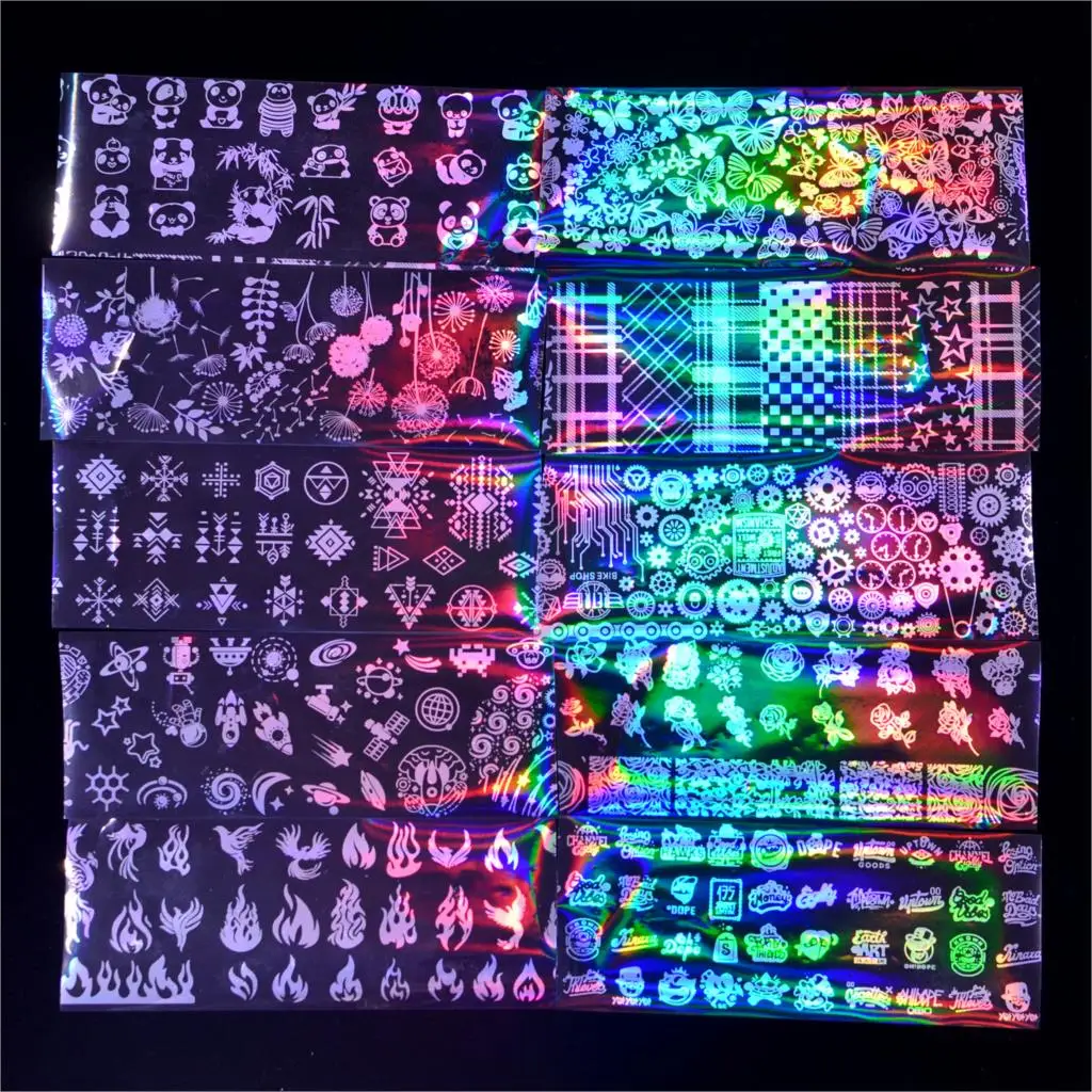 LCJ Holographic Nail Foil Flame Dandelion Panda Bamboo Holo Nail Art Transfer Sticker Water Slide Nail Art Decals