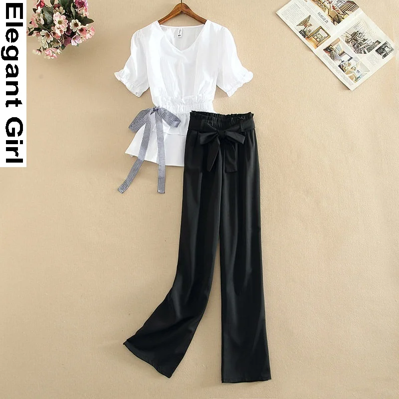

2021 Summer Women's Clothing White Short Sleeve Shirt Blouse + Ankle Length Wide Leg Pants Suits Two Piece Sets Outfits