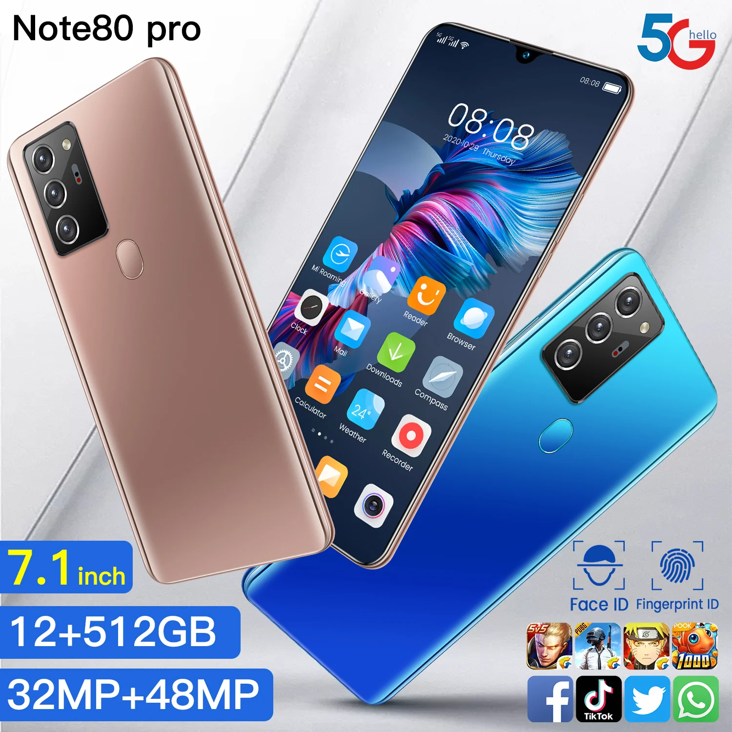 

Cost-effective Note80 Pro Global Version HD Smartphone 7.1-inch 12GB+512GB 5600mAh Face Fingerprint Unlock 10-core Cheap Phone