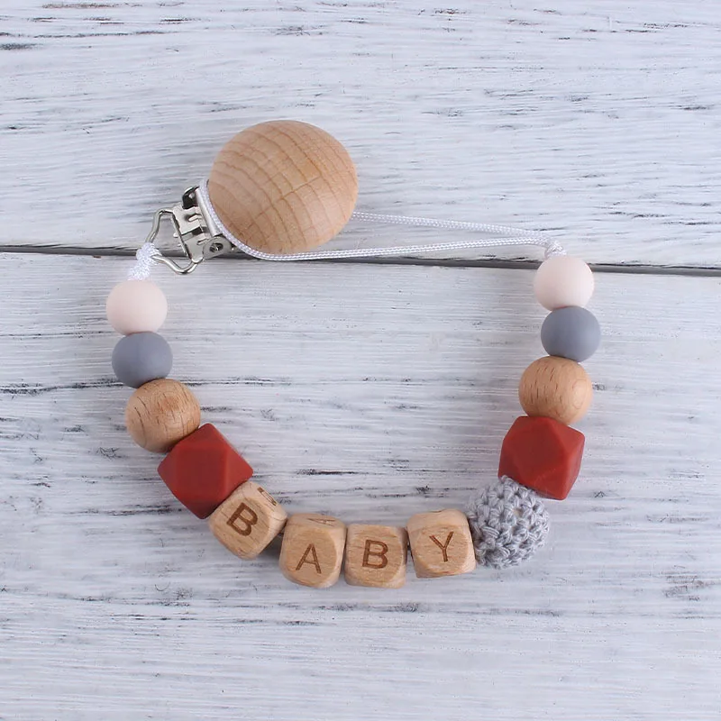Nombre personalizado del beb&eacute;, dentici&oacute;n de silicona hecha a mano, cuentas de madera para morder, soporte de cadena para chupete-3