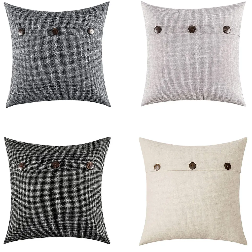 

Colorful Pillow Covers Square Button Flax Cushion Covers Vintage Simple Decorative Throw Pillow Case For Home Sofa Greyish