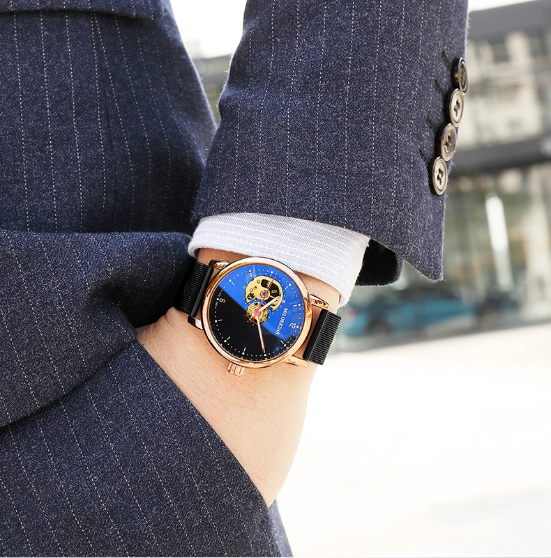 Reloj Hombre автоматические часы мужские s модные спортивные из нержавеющей стали сетки Группа скелет механические наручные часы для мужчин