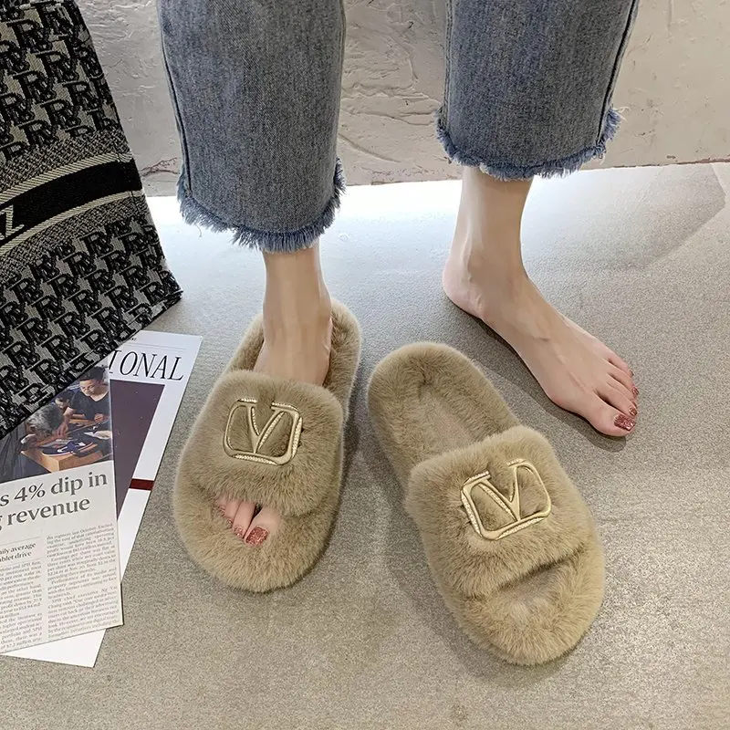 

Women Furry Slippers Ladies Shoes Cute Plush Rabbit Hair Fluffy Sandals Women's Fur Slippers Warm Slippers Women Design Slides