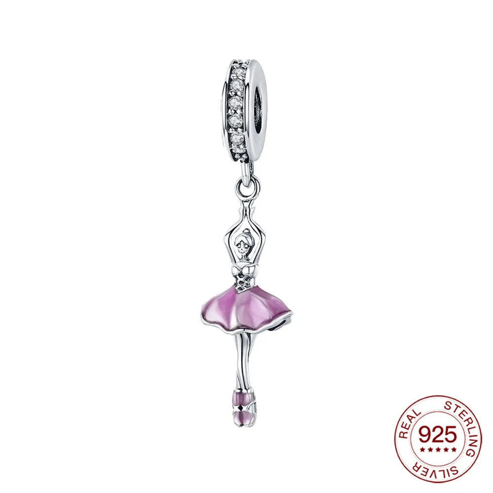 

925 Sterling Silver charm ballet purple Dangle charm Sparkling CZ pendant Fit Original Pandora Necklace for women Bracelet gift