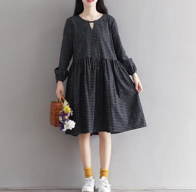 Preppy Cotton Linen Dress Spring Women Vintage Mori Black White Plaid Long Sleeve Pleated Bottom Vestido AW597 | Женская одежда