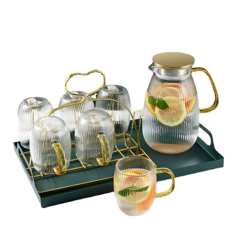 

2.1L Glass Teapot Big Transparent Borosilicate Heat-Resistant Water Jug Golden Lid Ice Silk Glass Cold Kettle Home Juice Pitcher