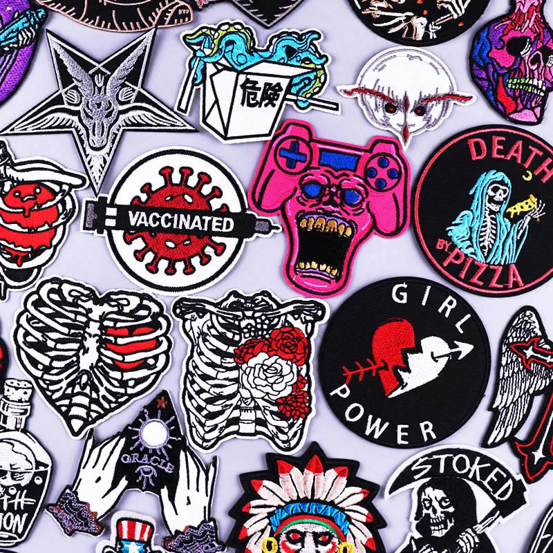 

Punk Skull Embroidered Patches On Clothes Skeleton Heart Applique Vaccinated Stripe Iron On Patches For Clothing Danger Stickers