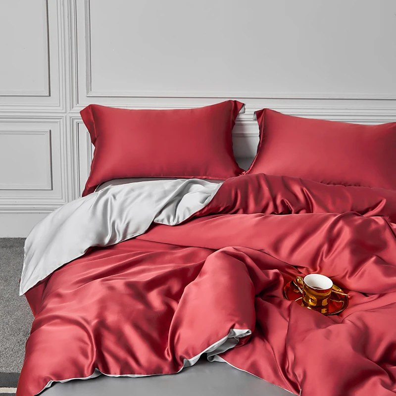 

Sondeson Women Luxury 100% Silk Sexy Red Bedding Set Top Grade Silk Solid Color Duvet Cover Flat Sheet Pillowcase Queen King