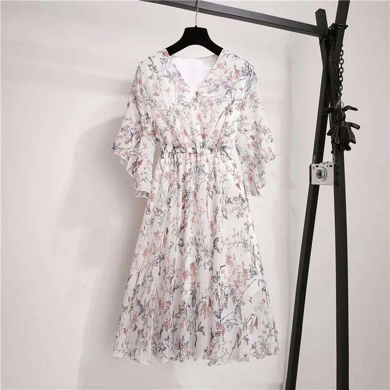 

New Spring Summer Chiffon Dress Women V-Neck Ruffle Sleeve Floral Print Dresses Sweet Slim Elastic Waist Mid-length Ladies Dress