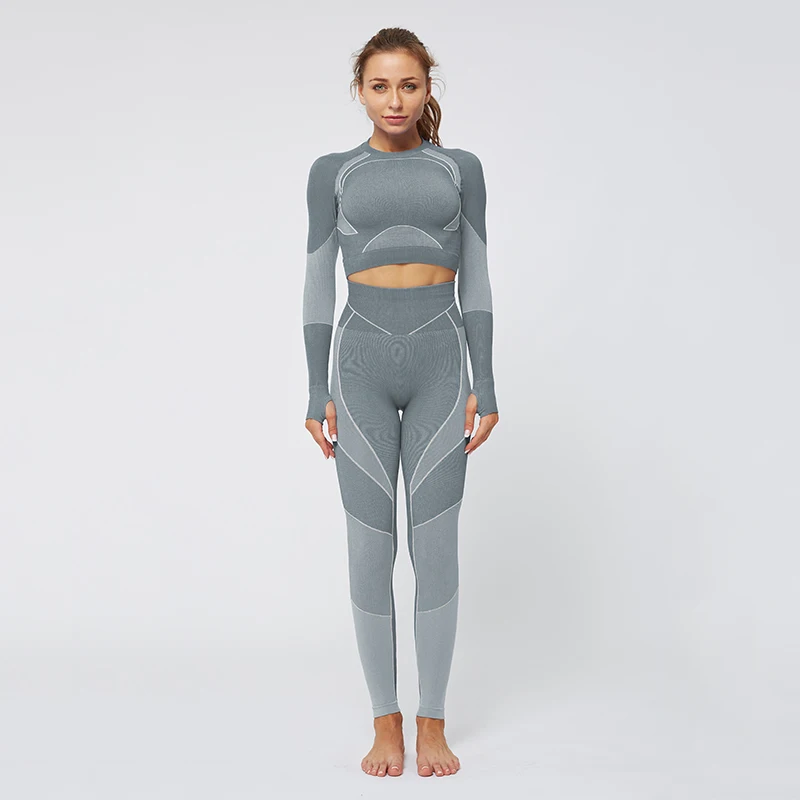 NS-6075 CX TZ Grey Kaminsky женский спортивный комплект из двух предметов для фитнеса, бесшовный топ, леггинсы в полоску, тонкие комплекты для тренировок, женский модный спортивный костюм - Цвет: NS-6075 CX TZ Grey