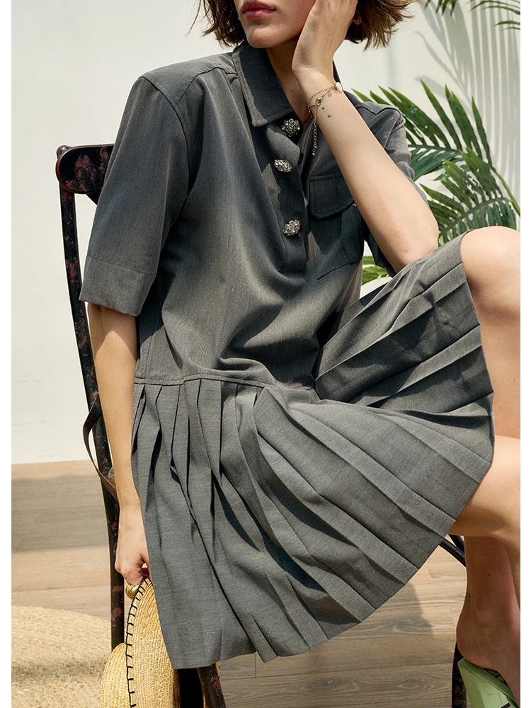 

Женское Плиссированное мини-платье, короткое платье в стиле преппи с рукавом до локтя и отложным воротником, с одним карманом и пуговицами с...