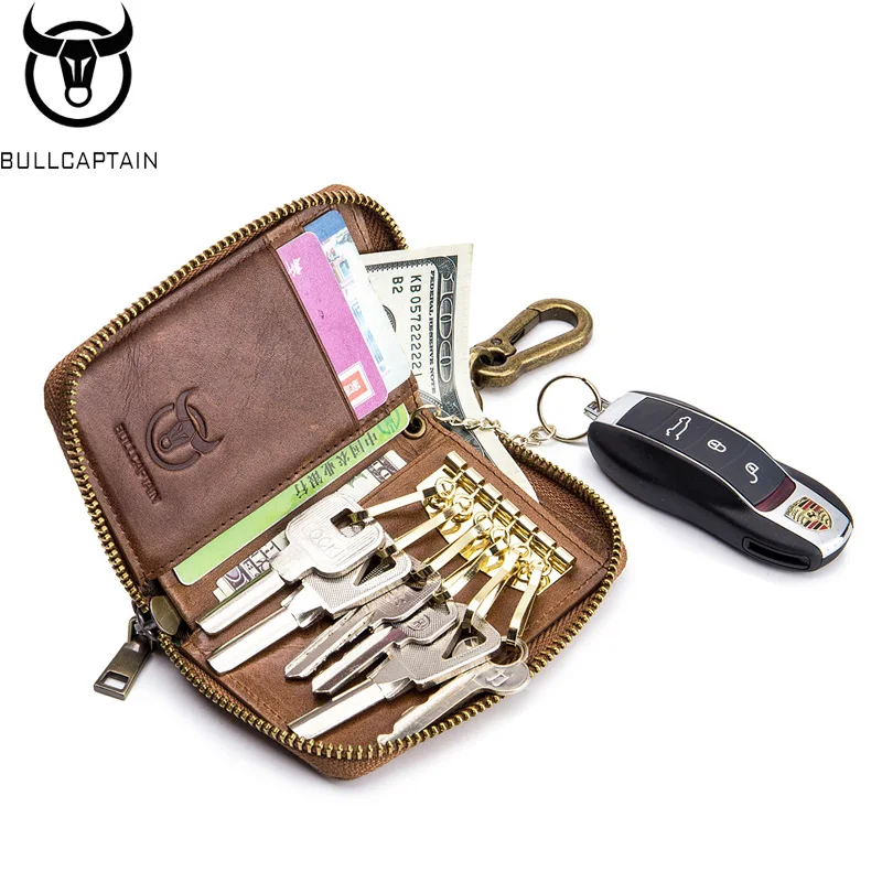 BULLCAPTAIN leather men's key bag casual access control card holder anti-theft brush multi-function first layer cowhide key bag