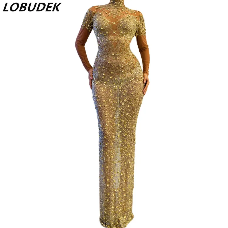 Модное сексуальное Золотое прозрачное обнаженное платье стразы женское длинное