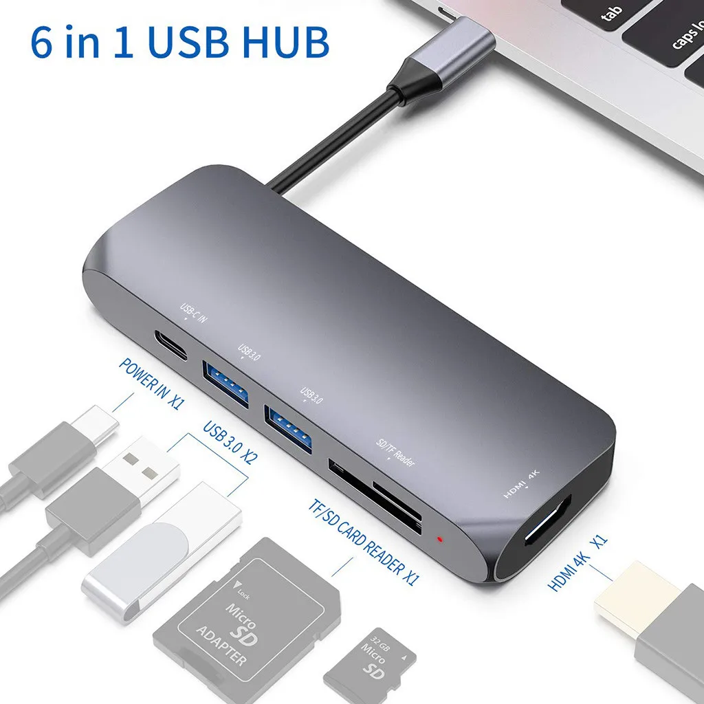Концентратор USB Type c 6 в 1 концентратор 3 0 с TF SD Slo HDMI 4K PD мощный из алюминиевого
