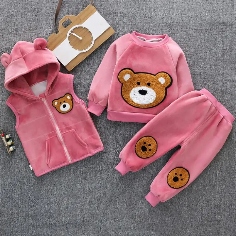 Children's suit winter clothes baby boy Velvet warm girl cartoon cute plus velvet thick hooded sweater three-piece | Детская одежда