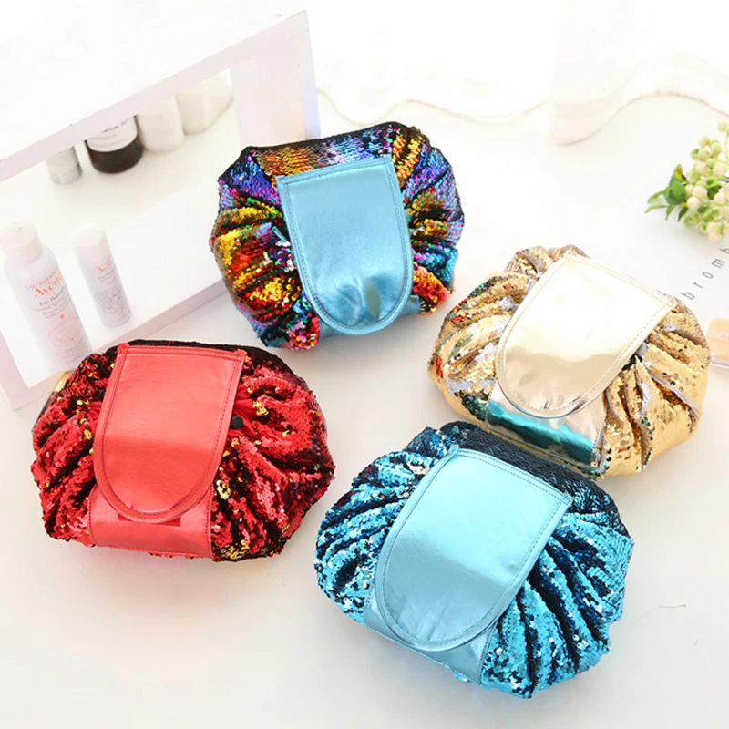 Luxury Makeup Storage Bag Sequin Women Drawstring Round Cosmetic Bag Organizer Portable Travel Make Up Case Pouch Toiletry Bag