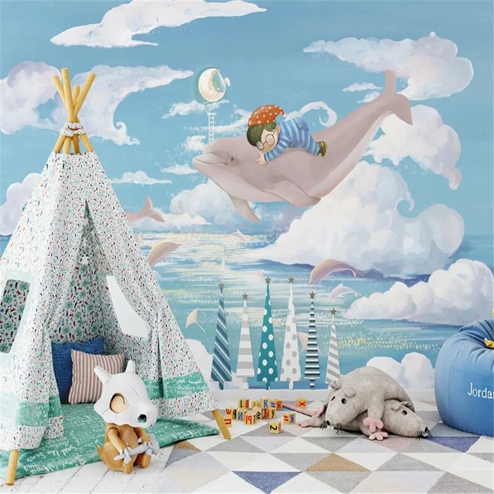 

Milofi manufacturers custom wallpaper mural 3d nordic cartoon ocean dolphin children's room background wall