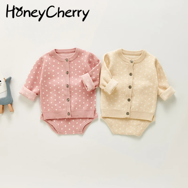 

HoneyCherry Children's Sets New Girl Baby Knitted Sweater Set Long Sleeve Cotton Polka Dot Cardigan + Pants Two-piece Sets