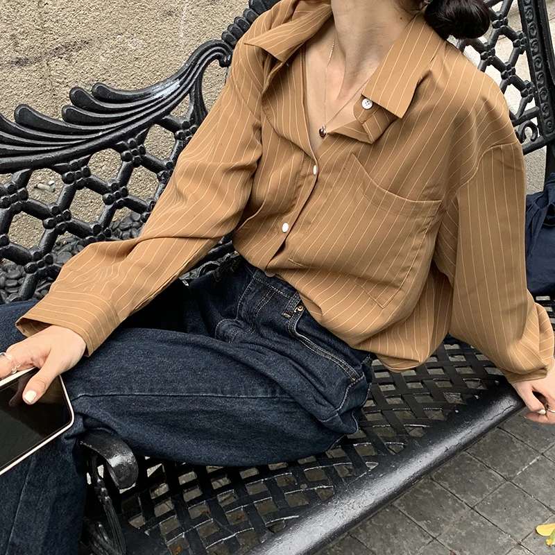 

Loose Striped Women's Clothing Turn-down Collar Blouse Casual Style Autumn Ladies Tops Long Sleeve Shirts Female Fashion Brand