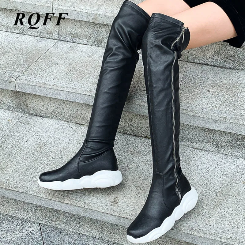 Женские сапоги выше колена на молнии черные или белые однотонные из