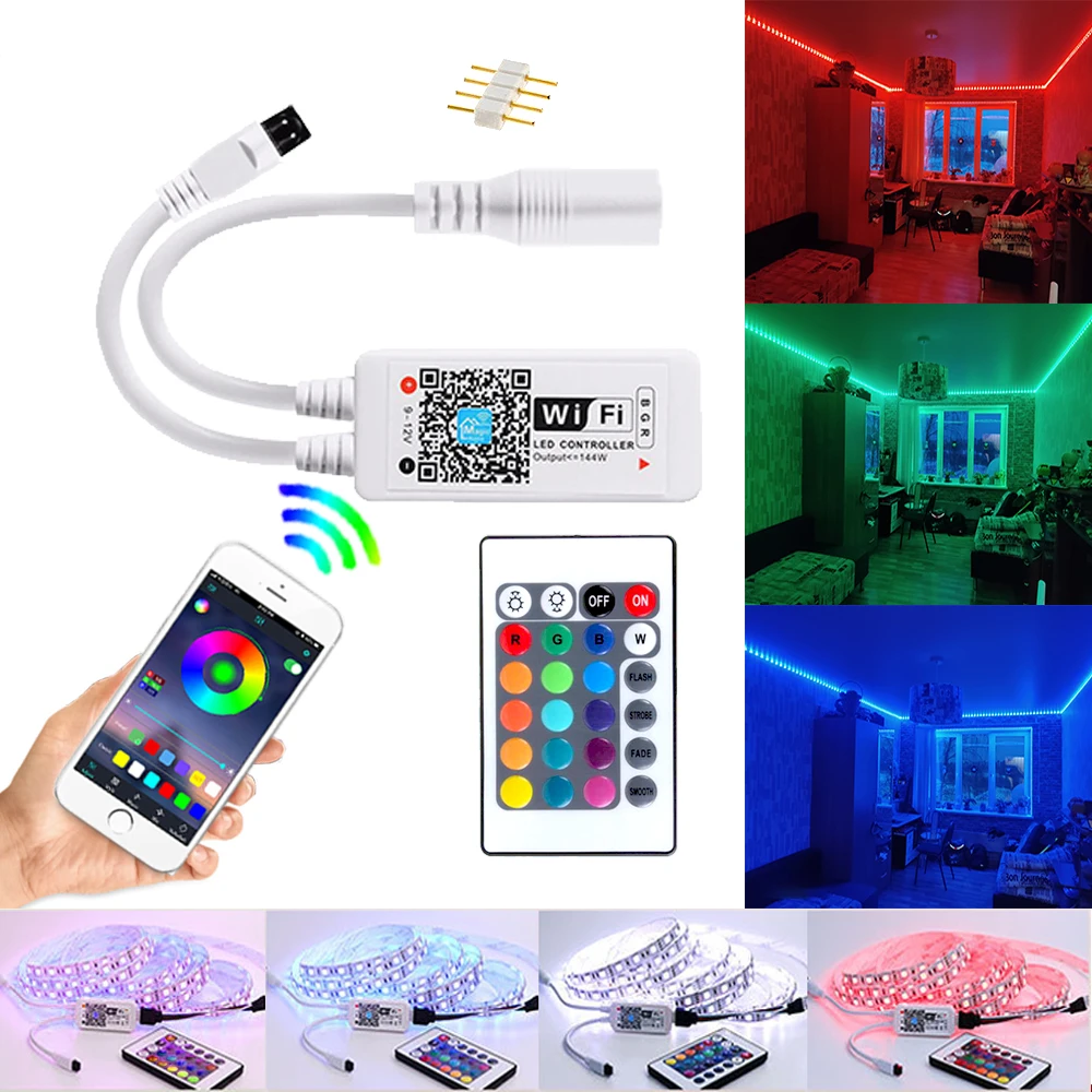 

24k WiFi Remote LED Strip Light Controller Remotely Sensor for Wall Lamp Wireless DC 12V RGB Lighting Butt Plug 4 Pins Connector